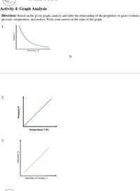 Activity 4: Graph Analysis
Direction: Based on the given graph, analyze and infer the relationship of the properties of gases (volume,
pressure, temperature, and moles). Write your answer at the sides of the graph.
1.
Pressure, P
9.
Temperature T (K)
3.
Number of moles, n
2.
Pressure P
Volume,'
