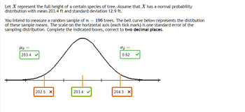 Let X represent the full height of a certain species of tree. Assume that X has a normal probability
distribution with mean 203.4 ft and standard deviation 12.9 ft.
You intend to measure a random sample of n = 196 trees. The bell curve below represents the distibution
of these sample means. The scale on the horizontal axis (each tick mark) is one standard error of the
sampling distribution. Complete the indicated boxes, correct to two decimal places.
Hz =
203.4 ✓
202.5 X
203.4
σz =
0.92
204.3 X