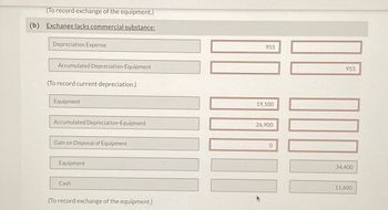 (To record exchange of the equipment.)
(b) Exchange lacks commercial substance:
Depreciation Expense
Accumulated Depreciation-Equipment
(To record current depreciation.)
Equipment
955
19,100
Accumulated Depreciation-Equipment
26,900
Gain on Disposal of Equipment
Equipment
Cash
(To record exchange of the equipment.)
0
955
34,400
11,600