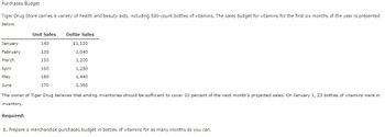 Purchases Budget
Tiger Drug Store carries a variety of health and beauty aids, including 500-count bottles of vitamins. The sales budget for vitamins for the first six months of the year is presented
below.
Unit Sales
140
130
150
160
180
170
Dollar Sales
January
February
March
April
May
June
The owner of Tiger Drug believes that ending inventories should be sufficient to cover 10 percent of the next month's projected sales. On January 1, 23 bottles vitamins were in
inventory.
Required:
$1,120
1,040
1,200
1,280
1,440
1,360
1. Prepare a merchandise purchases budget in bottles of vitamins for as many months as you can.