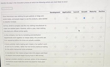 Identify the step in the innovation process at which the following actions are most likely to occur.
Franscript
Once Poornima's new clothing line got publicity on blogs and
social media, and people began to see the products, sales started
to steadily increase.
At first, Dmitri's company was the only clothing manufacturer to
make low-waisted jeans. However, within a year, most clothing
manufacturers offered similar pants.
A shoe company now has its marketing and distribution
departments work together on release dates; this prevents ads
from appearing before the shoes are actually available.
A book publisher starts reading each chapter of an author's work
as soon as it is written, rather than the former practice of waiting
for the entire manuscript to be completed.
A manufacturer that makes compact disk (CD) players sold fewer
CD players once people began buying music in MP3 format.
Raphael considers whether a narrower version of the company's
smartphone would make the screen too small for most users'
needs.
Development Application
Launch
O
Growth
Maturity Decline
O
O
O
O
O
O