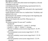 Description of Data
This data set contains the achievement test (English as a Second
Language) results and
some background data collected during experimental trial of a
new ESL program. The study was
one year in duration. Students were allocated to the experimental
ESL program class and a
regular program control class on a random basis. Vocabulary and
grammar tests were
administered to the students in both groups at the beginning and
the end of the school year.
Data can be found in the excel file: ESLprogram.csv
Variables
The dataset includes 24 cases and 7 variables:
• Student ID
- Group (1 - experimental, 2 - control, 9 - missing)
· Gender (1 - male, 2 - female, 9 - missing)
• Pre-test vocabulary scores (scores range from 0 - 25, 99 -
missing)
• Pre-test grammar scores (scores range from 0 - 25, 99 -
missing)
· Post-test vocabulary scores (scores range from 0 - 25, 99 -
missing)
· Post-test grammar scores (scores range from 0 - 25, 99 -
missing)
