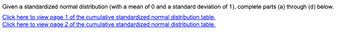 Given a standardized normal distribution (with a mean of 0 and a standard deviation of 1), complete parts (a) through (d) below.
Click here to view page 1 of the cumulative standardized normal distribution table.
Click here to view page 2 of the cumulative standardized normal distribution table.