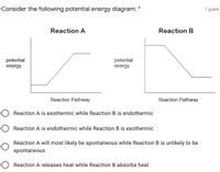 Consider the following potential energy diagram:
1 point
Reaction A
Reaction B
potential
potential
energy
energy
Reaction Pathway
Reaction Pathway
Reaction A is exothermic while Reaction B is endothermic
O Reaction A is endothermic while Reaction B is exothermic
Reaction A will most likely be spontaneous while Reaction B is unlikely to be
spontaneous
O Reaction A releases heat while Reaction B absorbs heat
