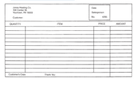 Jones Heating Co.
100 Conter St.
Yourtown, PA 18000
Date
Salesperson
Customer:
No.
4285
QUANTITY
ITEM
PRICE
AMOUNT
Customers Copy
Thank You
