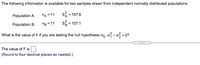 The following information is available for two samples drawn from independent normally distributed populations.
Population A:
nA = 11 S = 157.8
Population B:
ng = 11
s = 107.1
What is the value of F if you are testing the null hypothesis Họ:o -o = 0?
......
The value of F is
(Round to four decimal places as needed.)
