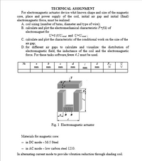 TECHNICAL ASSIGNMENT
For electromagnetic actuator device whit known shape and size of the magnetic
core, place and power supply of the coil, initial air gap and initial (final)
electromagnetic force, must be realized:
A. coil sizing (number of turns, diameter and type of wire);
B. calculate and plot the electromechanical characteristic F=f(6) of
electromagnet for
U=0.85Used and U=Uraud ;
C. calculate and plot the characteristic of the conditional work on the size of the
air gap;
D. for different air gaps to calculate and visualize: the distribution of
electromagnetic field, the inductance of the coil and the electromagnetic
force. For these tasks software femm 4.2 must be used.
Ne
d
mm
mm
mm
mm
mm
N
V
mm
Fig. 1 Electromagnetic actuator
Materials for magnetic core:
- in DC mode – M-5 Steel
- in AC mode – low carbon steel 1210.
In alternating current mode to provide vibration reduction through shading coil.
