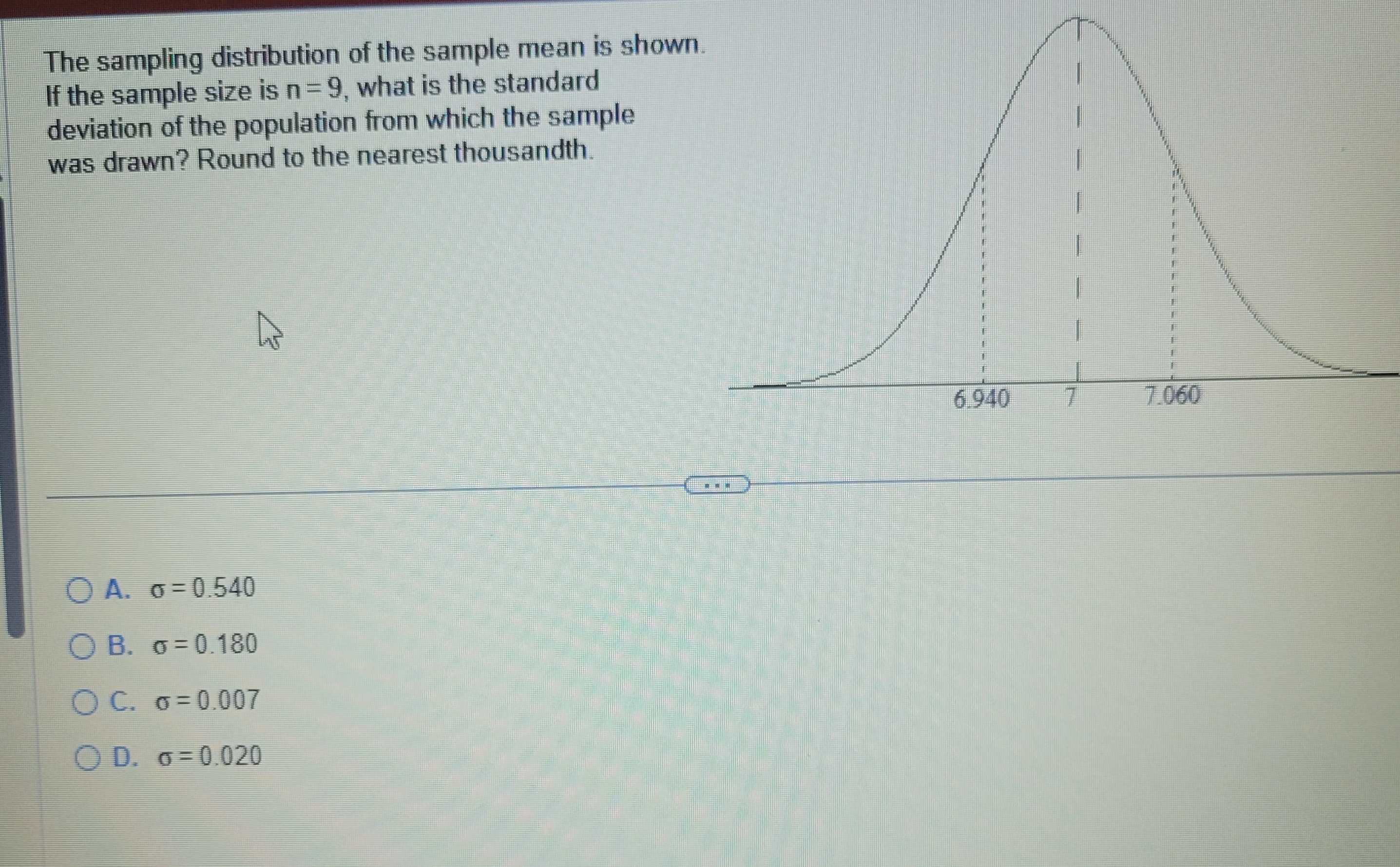 The sampling distribution of the sample mean is shown.
If the sample size is n=9, what is the standard
deviation of the population from which the sample
was drawn? Round to the nearest thousandth.
A. o=0.540
OB. o 0.180
OC. o=0.007
OD. o=0.020
***
11
6.940
7.060