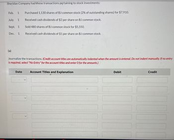 Sheridan Company had these transactions pertaining to stock investments:
Feb. 1 Purchased 1,130 shares of BJ common stock (2% of outstanding shares) for $7,910.
July 1
Received cash dividends of $2 per share on BJ common stock.
Sept. 1
Dec.
Sold 480 shares of BJ common stock for $5,550.
1
Received cash dividends of $1 per share on BJ common stock.
(a)
Journalize the transactions. (Credit account titles are automatically indented when the amount is entered. Do not indent manually. If no entry
is required, select "No Entry" for the account titles and enter O for the amounts.)
Date
Account Titles and Explanation
Debit
Credit