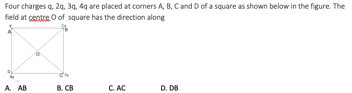 Answered: Four charges q, 2q, 3q, 4q are placed… | bartleby