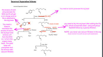 # Incorrect Separation Scheme

### Diagram Explanation
The diagram is labeled as an "Incorrect Separation Scheme," illustrating a chemical separation process. The scheme includes various chemical structures and actions associated with separating organic and inorganic substances.

### Labels and Annotations
The diagram contains several chemical separation steps, each annotated with corrections and explanations. The annotations include:

1. **Protonating the Organic Base**
    - "You need an acid to protonate the org base."
    - The process starts with an organic base in ether, and moves towards the addition of 5% HCl, which is incorrectly struck through and corrected next to it.

2. **Basification With NaOH**
    - "You need a base to neutralize the excess of acid in the aq layer and remove a H from the NH3 (+) to form the organic base back. The solid base will precipitate and be removed with vacuum filtration."
    - Indicating the use of 10% NaOH (incorrectly neglected initially) to remove a proton and revert NH3+ back to NH2, resulting in precipitation for filtration.

3. **Drying the Organic Layer**
    - "You need to dry the org layer after adding the 5% HCl, which incorporate water, using anhydrous Na2SO4 followed by a gravity filtration."
    - Highlights the need to remove traces of water using anhydrous Na2SO4, followed by gravity filtration.

4. **Safety Precaution**
    - "NOTE: you never use vacuum filtration in the org layer since it could cause an explosion."
    - Advises against using vacuum filtration in organic layers due to the risk of explosion.

5. **Arrows and Annotations**
    - Various steps in the process are linked by arrows.
    - Incorrect steps are struck through, and correct steps are annotated highlighting necessary changes.

### Summary of Steps

1. **Initial Addition of HCl**
    - Begin with the organic base in ether.
    - Add 5% HCl to protonate, though care must be taken to correct the improper labeling in the scheme.

2. **Neutralization with NaOH**
    - Separate the aqueous layer containing the acid-base conjugate.
    - Add 10% NaOH to precipitate the solid organic base having removed excess proton.

3. **Drying the Organic Layer**
    - Use anhydrous Na2SO4 in the organic layer to dry it by removing traces of water.
    
