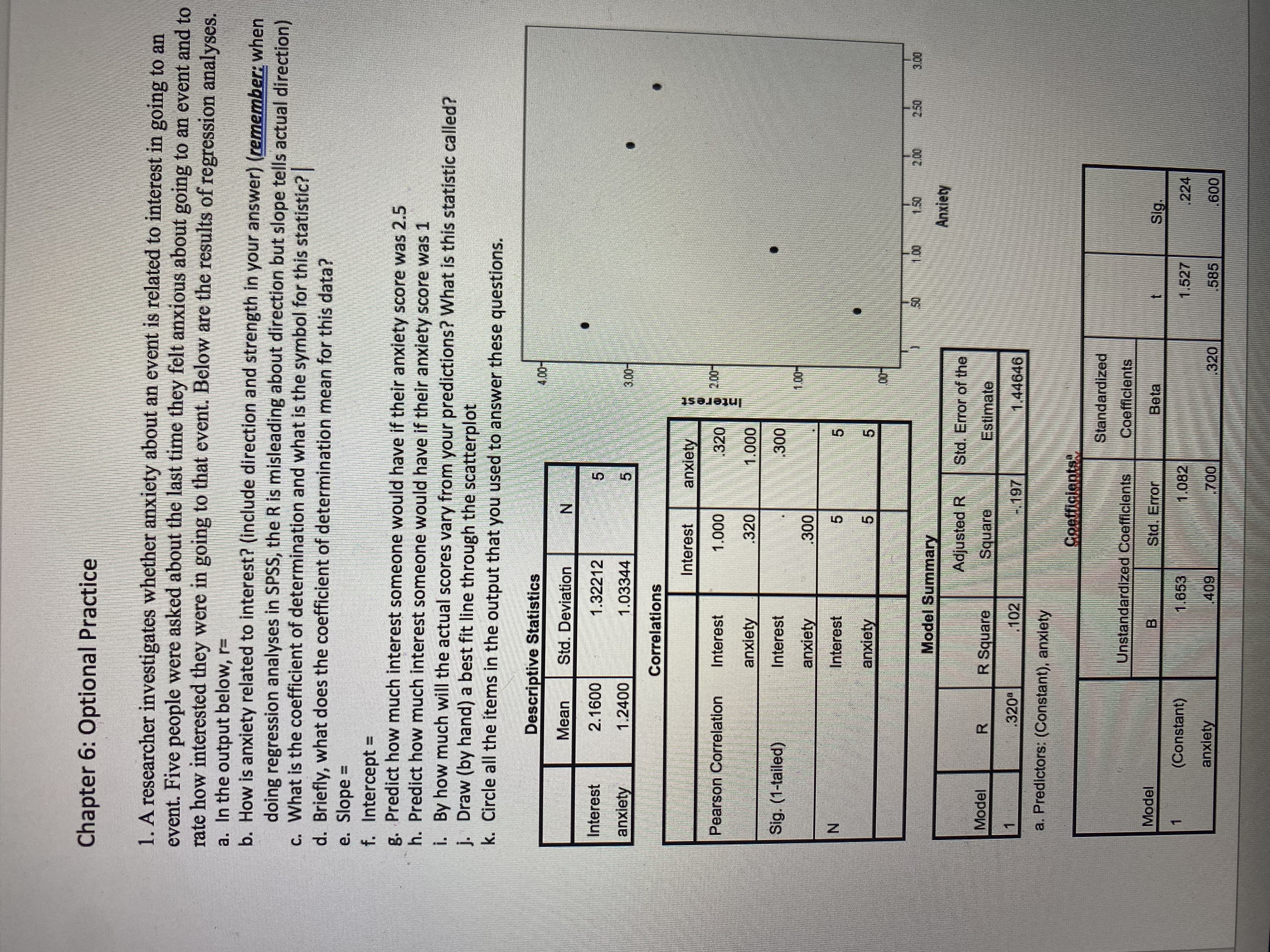 a. In the output below, r=
b. How is anxiety related to interest? (include direction and strength in your answer) (remember: when
doing regression analyses in SPSS, the R is misleading about direction but slope tells actual direction)
c. What is the coefficient of determination and what is the symbol for this statistic?
Briefly what dens theranc
