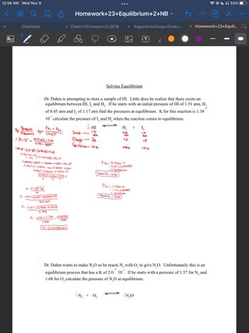 # Solving Equilibrium

Dr. Dahm is attempting to store a sample of HI. Little does he realize that there exists an equilibrium between HI, I₂, and H₂. If he starts with an initial pressure of HI of 1.51 atm, H₂ of 0.45 atm and I₂ of 1.17 atm, find the pressures at equilibrium. The equilibrium constant (K) for this reaction is 1.34 x 10⁻². Calculate the pressure of I₂ and H₂ when the reaction comes to equilibrium.

### Reaction
\[ 2 \text{HI} \rightleftharpoons \text{H}_2 + \text{I}_2 \]

### Initial Pressures
- \( \text{HI} = 1.51 \, \text{atm} \)
- \( \text{H}_2 = 0.45 \, \text{atm} \)
- \( \text{I}_2 = 1.17 \, \text{atm} \)

### Change in Pressures 
- Change for \( \text{HI} = -2p \)
- Change for \( \text{H}_2 = +p \)
- Change for \( \text{I}_2 = +p \)

### Equilibrium Pressures
- \( \text{HI} = 1.51 - 2p \)
- \( \text{H}_2 = 0.45 + p \)
- \( \text{I}_2 = 1.17 + p \)

### Calculations
- Use the equilibrium constant \( K = 1.34 \times 10^{-2} \) to solve for the pressures:

\[
K = \frac{(0.45 + p)(1.17 + p)}{(1.51 - 2p)^2}
\]

Solve for \( p \) and substitute back to find the equilibrium pressures for \( \text{H}_2 \) and \( \text{I}_2 \).

---

### Additional Problem

Dr. Dahm wants to make \( \text{N}_2\text{O} \) so he reacts \( \text{N}_2 \) with \( \text{O}_2 \) to give \( \text{N}_2\text{O} \). Unfortunately, this is an equilibrium process that has a K