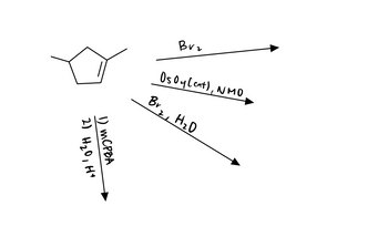 ### Reaction Pathways of Cyclopentene

This image depicts various chemical reactions of cyclopentene, a five-membered carbon ring with a double bond.

1. **Reaction with Br₂ (Bromine)**
   - When cyclopentene is treated with bromine (\( \text{Br}_2 \)), halogenation occurs. This reaction typically results in the addition of bromine atoms across the double bond, converting it into a dibromide.

2. **Osmylation with \( \text{OsO}_4 \)(Cat.), NMO**
   - Osmium tetroxide (\( \text{OsO}_4 \)), in the presence of a catalytic amount, with N-Methylmorpholine N-oxide (NMO), results in the dihydroxylation of the alkene. This adds OH groups across the double bond of cyclopentene, forming a vicinal diol.

3. **Bromine in Water (\( \text{Br}_2, \text{H}_2\text{O} \))**
   - Treating cyclopentene with bromine in the presence of water leads to bromohydrin formation. One bromine atom and one hydroxyl group are added across the double bond.

4. **Epoxidation and Hydrolysis**
   - Using m-CPBA (meta-Chloroperoxybenzoic acid):
     1. Epoxidation step forms an epoxide from the alkene.
     2. Subsequent hydrolysis with water in acidic conditions results in the opening of the epoxide ring to give a diol.

This schematic helps illustrate the range of transformations possible with cyclopentene, showcasing its reactivity with different reagents and highlighting the versatile nature of alkene chemistry.