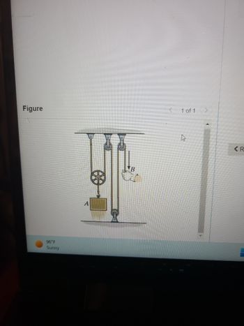 **Pulleys and Mechanical Advantage**

**Figure Explanation:**

The figure above shows a diagram of a pulley system. In this diagram:

1. **Pulleys:**
   - Three pulleys are attached to a fixed overhead support.
   - The pulley system is used to lift a load (`A`).

2. **Load:**
   - The load, marked as `A`, is connected to a string or rope running through the pulley system.

3. **Effort:**
   - A force `B` is applied to one end of the rope to lift the load `A`.

**Detailed Explanation:**
- **Pulley Systems:**
  - Pulley systems are used to lift heavy loads with less effort.
  - By combining multiple pulleys, the mechanical advantage increases, allowing a person to lift heavier objects more easily.
  
- **Mechanical Advantage:**
  - The mechanical advantage of the system is determined by the number of pulleys used.
  - More pulleys can distribute the load and reduce the force needed to lift the object.
  
**Practical Application:**
- This kind of pulley setup can be seen in various applications such as construction lifts, cranes, elevators, and theater stage rigging systems.

Understanding the functioning of pulley systems can help in designing efficient mechanical solutions in engineering and various practical applications.