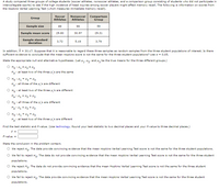 A study compared three groups of college students (soccer athletes, nonsoccer athletes, and a comparison group of non-athletes) to investigate the effects of head injuries on memory recall. The study assessed scores from the Hopkins Verbal Learning Test.

The table below displays the sample size, mean scores, and standard deviations for each group:

| Group                   | Soccer Athletes | Nonsoccer Athletes | Comparison Group |
|-------------------------|-----------------|--------------------|------------------|
| Sample size             | 89              | 99                 | 54               |
| Sample mean score       | 29.80           | 30.97              | 29.31            |
| Sample standard deviation | 3.72           | 5.19               | 3.79             |

The study posits that the samples are random from each group. The goal is to determine if there is sufficient evidence to conclude that the mean Hopkins score differs among the groups, using \(\alpha = 0.05\).

**Hypotheses:**
\( \mu_1, \mu_2, \mu_3 \) represent the true means for the groups.

1. \( H_0 \): All three means (\(\mu_1, \mu_2, \mu_3\)) are equal.
   \( H_a \): At least two of the three means are different.

2. \( H_0 \): At least two of the three means are equal.
   \( H_a \): All three means are different.

Find the test statistic (F-value) and p-value using statistical software. Round the test statistic to two decimal places and the p-value to three decimal places:

\( F = \_\_\_\_ \)

\( p\text{-value} = \_\_\_\_ \)

**Conclusion Options:**

- Reject \( H_0 \): There is convincing evidence that the means are not the same across the three groups.
- Fail to reject \( H_0 \): There is not convincing evidence that the means differ across the groups.