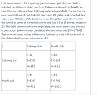 I did some research for a sporting goods store on golf clubs and balls. I
selected two different clubs, one from Callaway and one from Maxfli, and
two different balls, one from Callaway and one from Maxfli. For each of the
four combinations of club and ball, I recruited 20 golfers and recorded their
scores over 18 holes. Unfortunately, not all the golfers were able to finish
the round, so some of the combinations only had 18 or 19 scores, instead of
20. The table below shows the sample sizes, the mean scores, and the total
scores across golfers in each condition. You also know that EX2=671419.
Test whether brand makes a difference for clubs or balls or if the brands of
the club and ball interact using alpha=.05.
Callaway club
Maxfli club
n=20
n=18
Callaway ball
T=1783
T=1659
M=89.2
M=92.2
n=19
n=19
Maxfli ball
T=1787
T=1902
M=94.1
M=100.1
