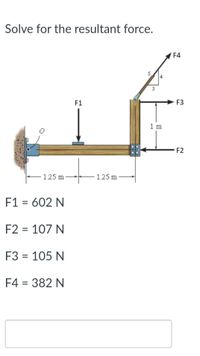 Solve for the resultant force.
F4
F1
F3
1 m
F2
125 m
125 m
F1 = 602 N
F2 = 107 N
F3 = 105 N
F4 = 382 N
