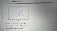 What would happen to the retention time of a compound if the following changes were
made? Sketch the chromatogram of this mixture for the following questions (a, b and c).
"10א2s
2.5
1.5-
0.5
-05
4.2
4.6
5.2
54
5.6
5.8
Time (s)
a. Increase the flow rate of the carrier gas
b. Decrease the temperature of the column
c. Decrease the length of the column
Intensity (arb, units)
