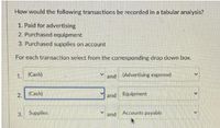 How would the following transactions be recorded in a tabular analysis?
1. Paid for advertising
2. Purchased equipment
3. Purchased supplies on account
For each transaction select from the corresponding drop down box.
1. (Cash)
and (Advertising expense)
2. (Cash)
and Equipment
3. Supplies
Accounts payable
and
