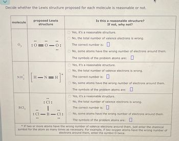 Decide whether the Lewis structure proposed for each molecule is reasonable or not.
molecule
proposed Lewis
structure
Is this a reasonable structure?
If not, why not?
Yes, it's a reasonable structure.
03
3
:0=0-0:
No, the total number of valence electrons is wrong.
The correct number is:
No, some atoms have the wrong number of electrons around them.
The symbols of the problem atoms are: ☐
Yes, it's a reasonable structure.
No, the total number of valence electrons is wrong.
NH₂
[H=N-H]
: Cl:
*
The correct number is: ☐
No, some atoms have the wrong number of electrons around them.
The symbols of the problem atoms are: ☐
Yes, it's a reasonable structure.
No, the total number of valence electrons is wrong.
The correct number is:
BCI,
: Cl-B― Cl:
No, some atoms have the wrong number of electrons around them.
The symbols of the problem atoms are:
☐
*If two or more atoms have the wrong number of valence electrons around them, just enter the chemical
symbol for the atom as many times as necessary. For example, if two oxygen atoms have the wrong number of
electrons around them, enter the symbol O twice.