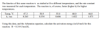 ## Reaction Kinetics Study Across Different Temperatures

The kinetics of a certain reaction were studied at five different temperatures, with the rate constant measured at each temperature. As expected, the reaction rate (k) increases with temperature. The data is summarized in the table below:

| Temperature (°C) | 47.3  | 50.9 | 55.0 | 60.0 | 66.0 |
|------------------|-------|------|------|------|------|
| Rate Constant (k, 1/sec) | 0.263 | 0.354 | 0.606 | 1.022 | 1.873 |

To further analyze this data and calculate the activation energy (Eₐ) in kJ/mol for the reaction, we use the Arrhenius equation:

\[ k = A e^{-\frac{E_a}{RT}} \]

Where:
- \( k \) is the rate constant,
- \( A \) is the pre-exponential factor,
- \( E_a \) is the activation energy,
- \( R \) is the gas constant (8.314 J/mol·K),
- \( T \) is the absolute temperature in Kelvin (K).

### Steps to Calculate Activation Energy:

1. **Convert temperatures from Celsius to Kelvin** using the formula \( T(K) = T(°C) + 273.15 \).
2. **Apply the Arrhenius equation** by taking the natural logarithm of both sides, resulting in the linear form:
   \[ \ln(k) = \ln(A) - \frac{E_a}{R}\left(\frac{1}{T}\right) \]
3. **Plot \(\ln(k)\) versus \(\frac{1}{T}\)**. The slope of the resulting line will be \(-\frac{E_a}{R}\).

Using this approach on the provided data will yield a straight line, from which the activation energy Eₐ can be calculated.