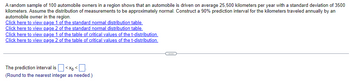 A random sample of 100 automobile owners in a region shows that an automobile is driven on average 25,500 kilometers per year with a standard deviation of 3500
kilometers. Assume the distribution of measurements to be approximately normal. Construct a 90% prediction interval for the kilometers traveled annually by an
automobile owner in the region.
Click here to view page 1 of the standard normal distribution table.
of the standard normal distribution table.
Click here to view page 2
Click here to view page 1 of the table of critical values of the t-distribution.
Click here to view page 2 of the table of critical values of the t-distribution.
The prediction interval is < X <
(Round to the nearest integer as needed.)
-C