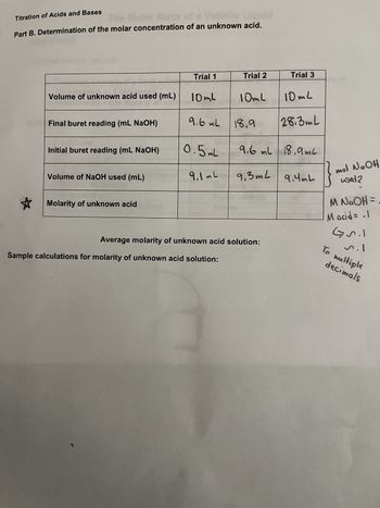 Titration of Acids and Bases
fa Vola!!
Part B. Determination of the molar concentration of an unknown acid.
Volume of unknown acid used (mL)
Final buret reading (mL NaOH)
Initial buret reading (mL NaOH)
Volume of NaOH used (mL)
an unknown
and
Molarity of unknown acid
Trial 1
10mL
9.6 mL
0.5mL
9,1mL
Trial 2
Sample calculations for molarity of unknown acid solution:
10mL
18,9
Trial 3
Average molarity of unknown acid solution:
10mL
28.3mL
9.6 ml 18,9ml
9,3m² 9.4mL
mol NaOH
used?
M N₂OH =
M acid= .1
Gril
n.1
To multiple
decimals