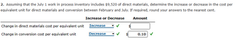 2. Assuming that the July 1 work in process inventory includes $9,520 of direct materials, determine the increase or decrease in the cost per
equivalent unit for direct materials and conversion between February and July. If required, round your answers to the nearest cent.
Increase or Decrease
Amount
Increase
Change in direct materials cost per equivalent unit
Change in conversion cost per equivalent unit
Decrease
0.10