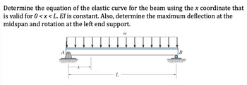 Determine the equation of the elastic curve for the beam using the x coordinate that
is valid for 0 < x < L. El is constant. Also, determine the maximum deflection at the
midspan and rotation at the left end support.
A
-X-
W
B