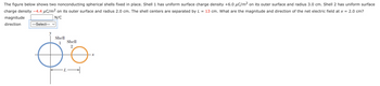 The figure below shows two nonconducting spherical shells fixed in place. Shell 1 has uniform surface charge density +6.0 µC/m² on its outer surface and radius 3.0 cm. Shell 2 has uniform surface
charge density -4.4 μC/m² on its outer surface and radius 2.0 cm. The shell centers are separated by L = 13 cm. What are the magnitude and direction of the net electric field at x = 2.0 cm?
magnitude
N/C
direction
---Select--- v
Shell
1 Shell
2
0.0
X