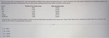 Jones
Ice Cream Stand is operated by Mr. Jones and experiences different sales patterns throughout the year. To plan for the future, Mr. Jones wants to determine its cost behavior patterns. He
has the following information available about the ice cream stand's operating costs and the number of soft serve cones served.
Month
April
May
June
July
August
September
Number of ice cream cones
2000
2,100
OA $800
OB $1000
OC. $4800
OD. $2000
2,125
4000
2,500
2,900
Total operating costs
$1800
$1,975
$2,000
$2800
$2,175
$2,500
Using the high-low method, the fixed costs for a month are (Round intermediary calculations to the nearest cent. Use the "high" data month to calculate your final answer. Do not use the "low"
month, as it will result in an approximation of the cost.)