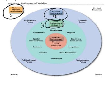 FIGURE 1-3 Environmental Variables
Natural
Physical
Environment
1
Wildlife
Sociocultural
Forces
3
Governments
Special
Interest Groups
Customers
Political-Legal
Forces
Creditors
Socletal
Environment
Task
Environment
(Industry)
Shareholders
Internal
Environment
Structure
Culture
Resources
Suppliers
Communities
Economic
Forces
Employees/
Labor Unions
Trade Associations
Competitors
Technological
Forces
Physical
Resources
Climate