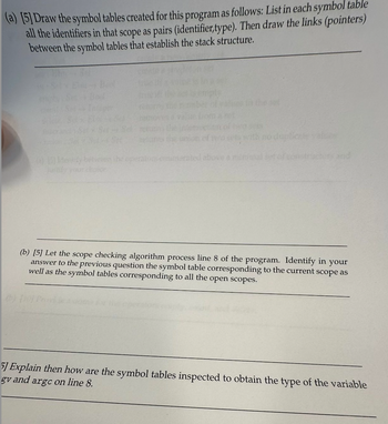 (a) [5] Draw the symbol tables created for this program as follows: List in each symbol table
all the identifiers in that scope as pairs (identifier,type). Then draw the links (pointers)
between the symbol tables that establish the stack structure.
duplicate
(6) 19 Idely between the op
larify your choice
rated above and
and
(b) [5] Let the scope checking algorithm process line 8 of the program. Identify in your
answer to the previous question the symbol table corresponding to the current scope as
well as the symbol tables corresponding to all the open scopes.
5] Explain then how are the symbol tables inspected to obtain the type of the variable
gv and argc on line 8.