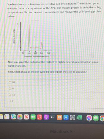 You have isolated a temperature-sensitive cell-cycle mutant. The mutated gene encodes the activating subunit of the APC. The mutant protein is defective at high temperatures. You sort several thousand cells and recover the WT-looking profile below:

*Graph Explanation:*
The graph is a plot of cell counts (in thousands) against propidium iodide fluorescence. The x-axis represents propidium iodide fluorescence, ranging from 50 to 250. The y-axis represents the number of cells, with values ranging from 0 to 5 (in thousands). The graph shows two peaks: a large peak at approximately 100 fluorescence units, and a smaller one near 200 fluorescence units.

Next, you grow the mutant at the restrictive high temperature and sort an equal number of cells. 

First, what phase of the cell cycle do you expect the cells to arrest in?

- ○ G1
- ○ M
- ○ G2
- ○ S