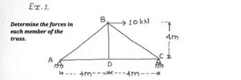 Ex. 1.
Determine the forces in
each member of the
truss.
14
---
10 kN
D
4m-----Am--
7
4m