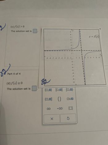 (c) f(x) > 0
The solution set is
Part 4 of 4
9
8
7
y = f(x)
6
5.
3
<
-9-8 -7 -6
-5
-4
-3
-2-11
1
2
5 6 7 8 9
-2
-3
-4
-5
-6
-7-
-8
-9
V
(d) f(x) ≥0
The solution set is
(0,0) (0,0) (0,0)
(0,0)
{ }
OU
00
80-
G