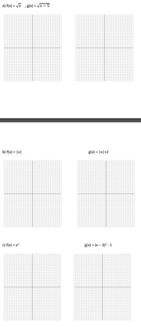 a) f(x) = V , Bx) = VI – 5
b) f(x) = |x|
glx) = |x|+2
c) f(x) = x
B(x) = (x - 3) - 1
