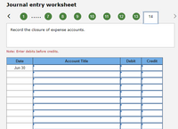 Journal entry worksheet
7
8
9
10
11
12
13
14
Record the closure of expense accounts.
Note: Enter debits before credits.
Date
Account Title
Debit
Credit
Jun 30
