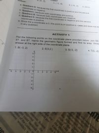 ated?
c. (-3, -8)
e. (42,0)
d. (-10 , 4)
(5.5)
a. Quadrant IV, because the first coordinate is positive and the second
coordinate is negative.
b. Quadrant I, because both coordinates are positive.
C. Quadrant III, because both coordinates are negative.
Answer
d. Quadrant II, because the first coordinate is negative and the second
coordinate is positive.
e. Since the y-coordinate is 0, this point is on positive x - axis and does not lie
in any quadrant.
Plot the following points on the coordinate plane provided below. Join BE
ST, and BT. Name the geometric figure formed and find its area. Write
answer at the right side of the coordinate plane.
ACTIVITY 1
4. T(3,-2)
3. S(-3, -2)
2. E(3,2 )
1. B(-3, 2)
4
3.
2.
1.
1
1.
1.
2-
3-
4.
4
5.
ATE
uch and simply should
ty, immigration and
ns requirements.
rn-
the Billiard Sports
tion of the Phi
Mananquil, also ps
could take a
the
k for the the Philips
As not pre- Games
M
member Robert
suggested that the
ctor could bankroll th
ation of the Games sc
Arnment wouldn't he
