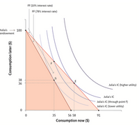 FF (10% interest rate)
FF (78% interest rate)
Jdia's 100
endowment
38
36
Julia's IC (higher utility)
Julia's IC
Julia's IC (through point F)
Julia's IC (lower utility)
35
56 58
91
Consumption now (S)
Consumption later ($)
