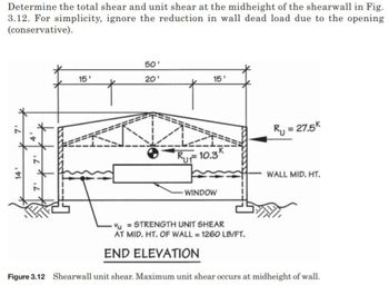 Determine the total shear and unit shear at the midheight of the shearwall in Fig.
3.12. For simplicity, ignore the reduction in wall dead load due to the opening
(conservative).
7'
14
4'
*
7'
7'
15'
50'
20¹
15'
,К
RUF 10.3
-WINDOW
R₁ = 27.5K
WALL MID. HT.
Vu STRENGTH UNIT SHEAR
AT MID. HT. OF WALL = 1260 LB/FT.
END ELEVATION
Figure 3.12 Shearwall unit shear. Maximum unit shear occurs at midheight of wall.