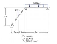 20 kN/m
1.
C
B
150 kN
4 m
|-1.5 m--1.5 m--
5 m
El = constant
E = 200 GPa
I = 500 (106) mm4
