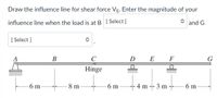 **Problem Statement: Influence Line for Shear Force**

**Objective:**
Draw the influence line for shear force \( V_E \). Enter the magnitude of your influence line when the load is at points \( B \) [Select] and \( G \) [Select].

**Beam Structure:**
- The beam is supported at point \( A \) by a fixed support.
- There is a hinge at point \( C \).
- The beam spans several segments:
  - \( A \) to \( B \): 6 meters
  - \( B \) to \( C \): 8 meters
  - \( C \) to \( D \): 6 meters
  - \( D \) to \( E \): 4 meters
  - \( E \) to \( F \): 3 meters
  - \( F \) to \( G \): 6 meters
- Supports:
  - \( D \) is a roller support.
  - \( F \) is another roller support.

**Instructions:**
Consider the load moving across the beam and analyze the shear force at point \( E \). Use the information provided to draw and derive the required influence line.