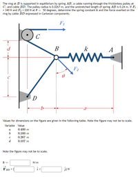 The ring at B is supported in equilibrium by spring AB, a cable running through the frictionless pulley at
C, and cable BD. The pulley radius is 0.0267 m, and the unstretched length of spring AB is 0.24 m. If F1
= 340 N and F2 = 200 N at 0 = 50 degrees, determine the spring constant k and the force exerted on the
ring by cable BD expressed in Cartesian components.
F1
C
В
www
d
k
A
F2
D
Values for dimensions on the figure are given in the following table. Note the figure may not be to scale.
Variable Value
a
0.400 m
0.160 m
0.267 m
d.
0.107 m
Note the figure may not be to scale.
k =
N/m
F BD =
) N
