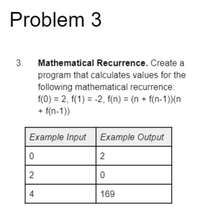 Problem 3
3. Mathematical Recurrence. Create a
program that calculates values for the
following mathematical recurrence:
f(0) = 2, f(1) = -2, f(n) = (n + f(n-1))(n
+ f(n-1))
Example Input| Example Output
4
169
2.
