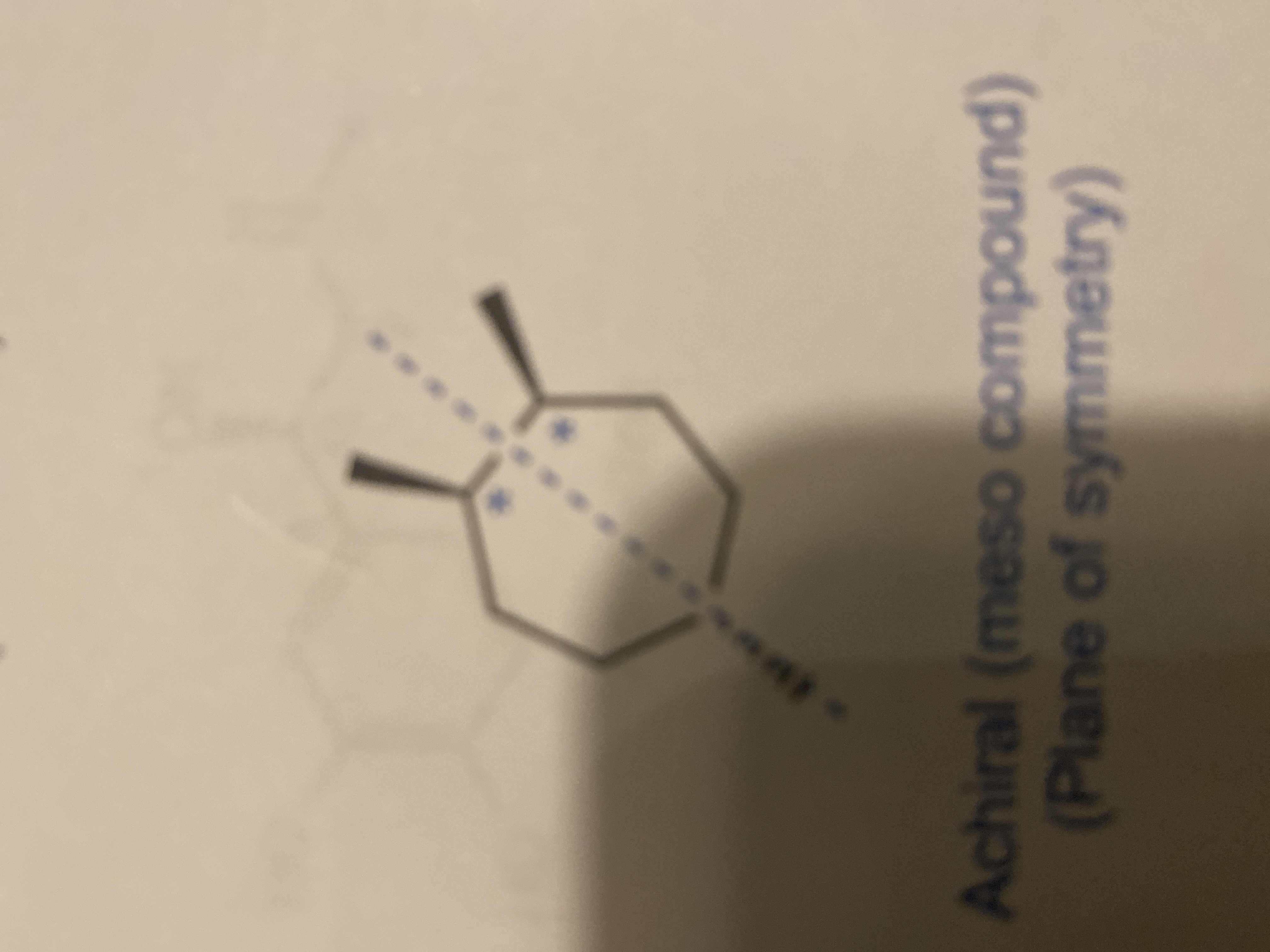 ### Understanding Meso Compounds

**Diagram Analysis:**

The image presents a chemical structure illustrating an achiral (meso) compound. The compound is depicted with a six-membered ring featuring two substituents, each marked with a wedge line to indicate stereochemistry. A dashed blue line runs vertically through the center of the ring, representing the plane of symmetry.

**Key Points:**

1. **Meso Compounds:**
   - Meso compounds are a type of stereoisomer that appear chiral due to the presence of stereocenters but are actually achiral due to an internal plane of symmetry.
   - Despite having multiple stereocenters, the molecule is superimposable on its mirror image, making it achiral.

2. **Plane of Symmetry:**
   - The dashed line indicates the plane of symmetry, which divides the molecule into two mirror-image halves.
   - The presence of this plane is the critical factor that renders the compound achiral.

Understanding meso compounds is essential in stereochemistry as they provide insights into molecular symmetry and chiral behavior, despite complex appearances due to multiple stereocenters.