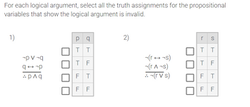 For each logical argument, select all the truth assignments for the propositional
variables that show the logical argument is invalid.
1)
¬p v¬q
q→ p
:: paq
p q
TT
TF
FT
FF
2)
¬(r
-(rA¬s)
:-(rvs)
¬S)
r
S
TT
TF
FT
FF