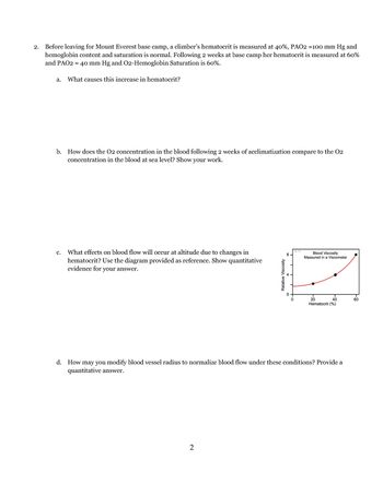 2.
Before leaving for Mount Everest base camp, a climber's hematocrit is measured at 40%, PAO2 =100 mm Hg and
hemoglobin content and saturation is normal. Following 2 weeks at base camp her hematocrit is measured at 60%
and PAO2 = 40 mm Hg and O2-Hemoglobin Saturation is 60%.
a. What causes this increase in hematocrit?
b. How does the O2 concentration in the blood following 2 weeks of acclimatization compare to the O2
concentration in the blood at sea level? Show your work.
C.
What effects on blood flow will occur at altitude due to changes in
hematocrit? Use the diagram provided as reference. Show quantitative
evidence for your answer.
Relative Viscosity
2
8
O
RK 20
Blood Viscosity
Measured in a Viscometer
20
40
Hematocrit (%)
d. How may you modify blood vessel radius to normalize blood flow under these conditions? Provide a
quantitative answer.
60