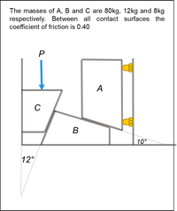 The masses of A, B and C are 80kg, 12kg and 8kg
respectively. Between all contact surfaces the
coefficient of friction is 0.40
P
A
C
B
10°
12°
